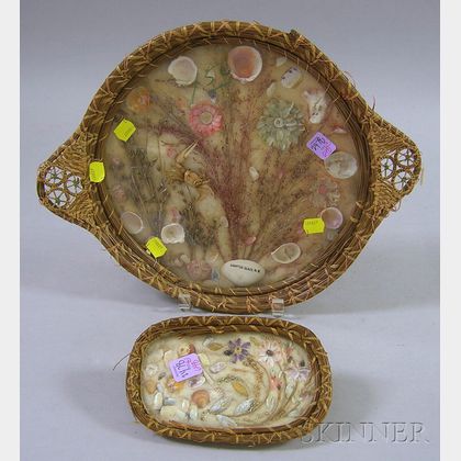 Two Woven Sweetgrass-framed Seashell and Dried Flower Assemblage Hampton Beach Souvenir Trays. 