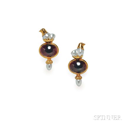 18kt Gold, Garnet, and Cultured Baroque Pearl Earrings