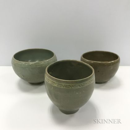 Three Celadon-glazed Stoneware Cups
