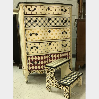 Huntley Furniture Co. Paint-decorated Chest of Drawers and Bed Steps