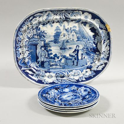 Set of Four R. Hall "Pains Hill, Surrey" Transfer-decorated Dinner Plates and an Unmarked Platter. Estimate $200-250