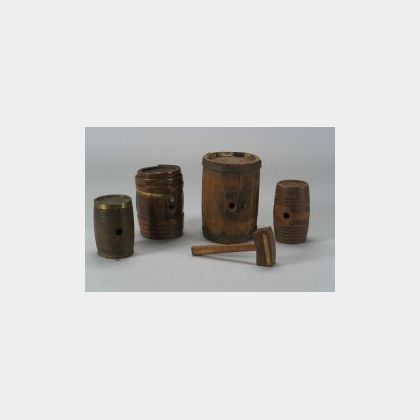 Four Wooden Vessels and a Gavel