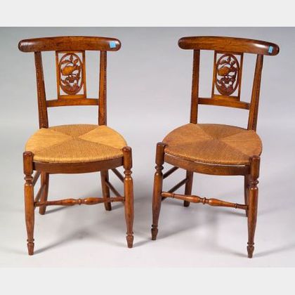 Set of Eight French Carved Fruitwood and Rush Seat Dining Chairs