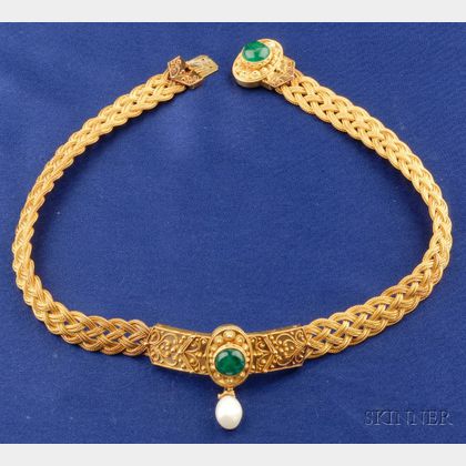 Etruscan Revival 14kt Gold and Gem-set Necklace
