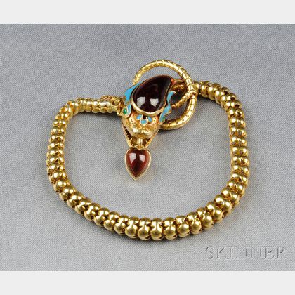 Victorian Gold, Garnet, and Enamel Snake Bracelet