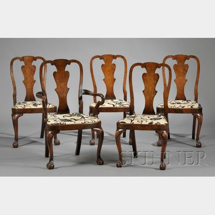 Set of Five Queen Anne-style Walnut Dining Chairs