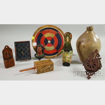 Small "Charlestown" Ovoid Stoneware Jug, Three Wooden Game Board and Toy Items, and Four Decorated and Figural Wall Match Safes
