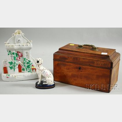 Mahogany Casket-form Tea Caddy, a Staffordshire Cottage Figure, and Seated Spaniel Figure