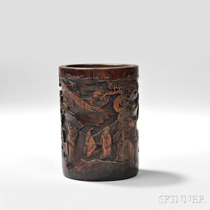 Bamboo Brush Pot, China, 20th century, cylindrical, formed from a single piece of bamboo, the exterior carved with three scholars viewi