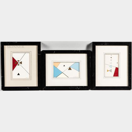 John Delulio (American, 1938-2017) Three Framed Geometric Abstract Works: Red/Black, Red/Blue, and Blue/Yellow/Orange.