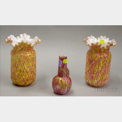 Pair of Victorian Cased Ruffled-rim Art Glass Vases and a Gilt Enamel Floral Decorated Vase. 