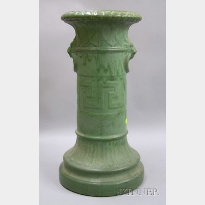 Arts & Crafts Matte Green Glazed Art Pottery Pedestal with Greek Key Decoration