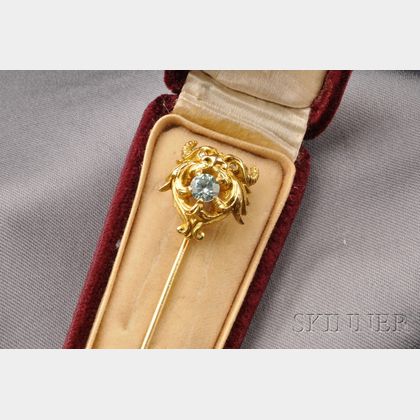Art Nouveau 14kt Gold, Aquamarine and Diamond Stickpin