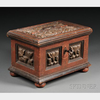 Carved and Painted Wood Lift Top Box
