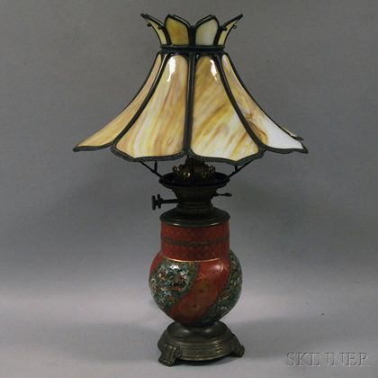 Stern Bros. Paint and Enamel-decorated Slag-glass Kerosene Lamp