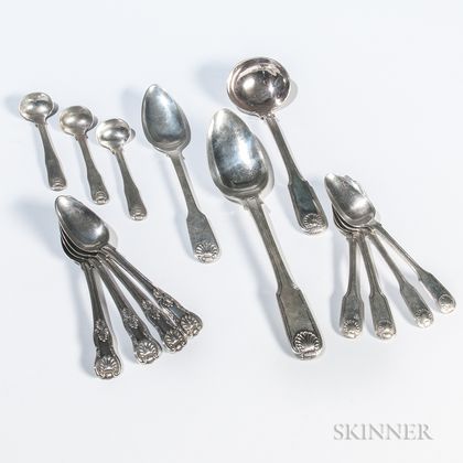 Fourteen Pieces of Chinese Export "Kings" Pattern Silver Flatware