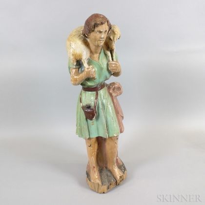 Polychrome Carved Wood Figure with Lamb