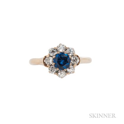 Antique 18kt Gold, Synthetic Sapphire, and Diamond Ring