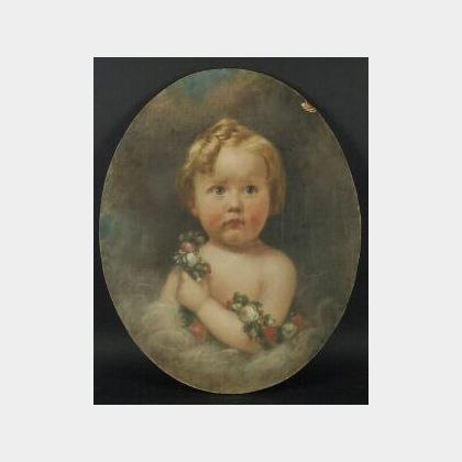 Oval Format Oil Portrait of a Young Child with a Floral Garland