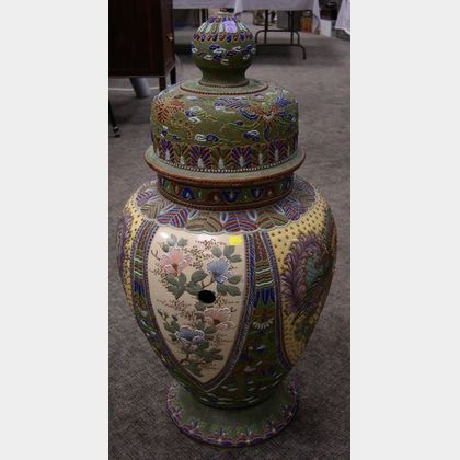 Large Japanese Satsuma Enamel Decorated Ceramic Covered Urn. 