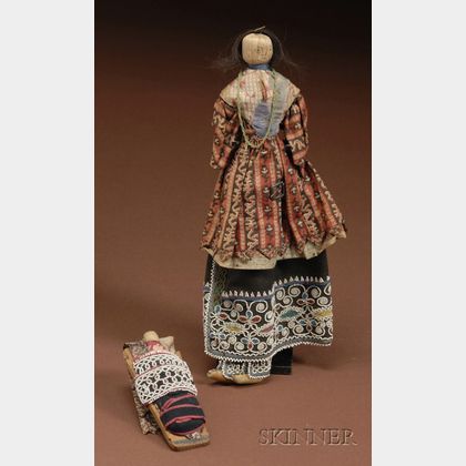 Northeast Beaded Cloth Corn Husk Doll and Cradle