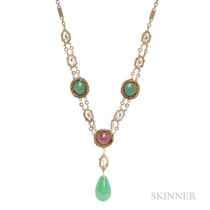 Silver-gilt Filigree, Jade, and Pink Tourmaline Necklace