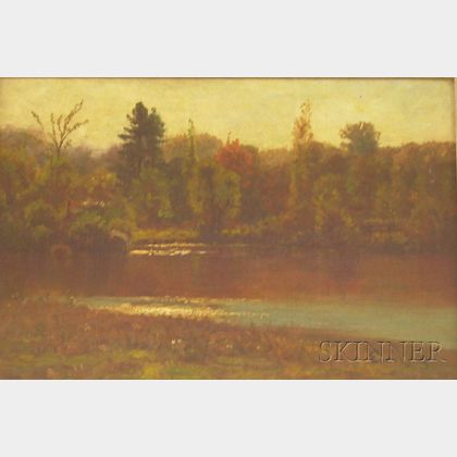 Framed American School Oil on Canvas Autumn Lakeshore View