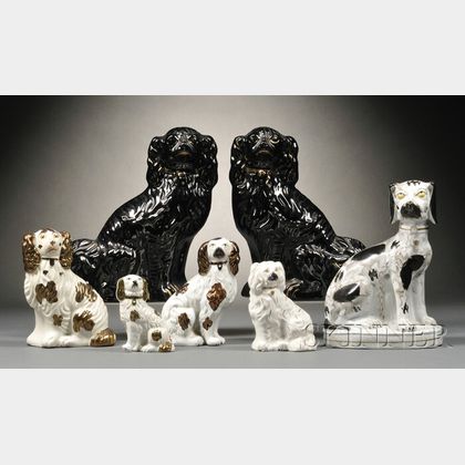 Seven Ceramic Staffordshire-type Spaniels