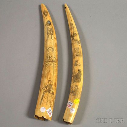 Two Scrimshaw-decorated Walrus Tusks