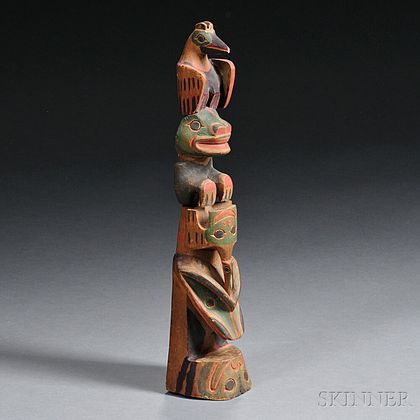 Northwest Coast Polychrome Carved Wood Model Totem Pole