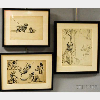 Three Framed Morgan Dennis Pen and Ink Sketches of Dogs