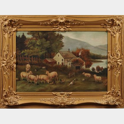 American School, 19th/20th Century Farm Scene with Sheep and Hens in a Meadow