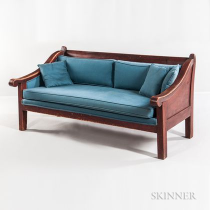 Red-stained Maple Country Sofa with Blue Upholstery