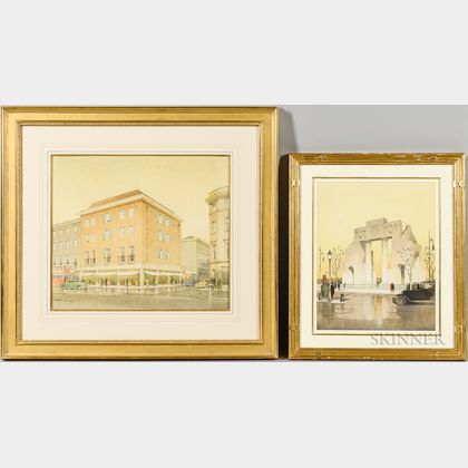 Cyril A. Farey (British, 1888-1954) and Augustus Bryett (British, 1890-1963) Two Architectural Watercolor Renderings