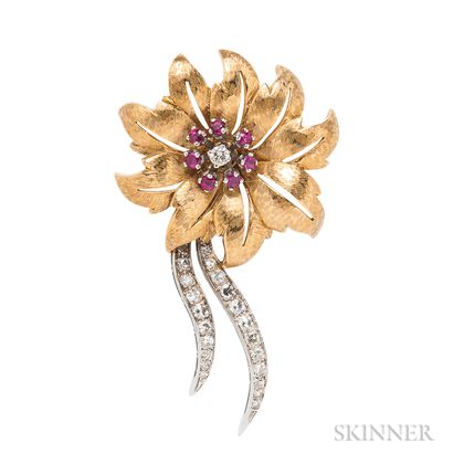 18kt Gold, Diamond, and Ruby Brooch