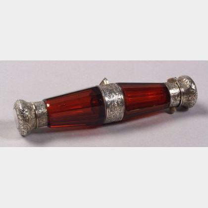 Ruby Glass and Engraved Silver Lidded Double End Perfume Vial