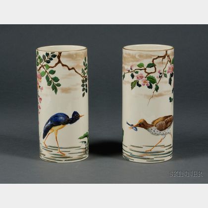 Pair of French Faience Aesthetic Movement Cylinder Vases