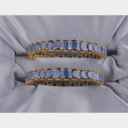 Pair of High Karat Gold and Sapphire Bracelets