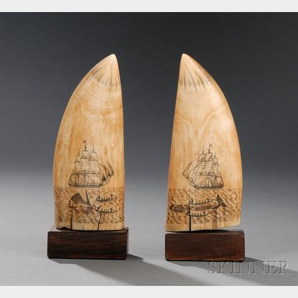Pair of Scrimshaw Whale's Teeth Engraved with Whaling Scenes