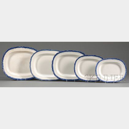 Five Oblong Molded Blue-edged Staffordshire Pottery Platters