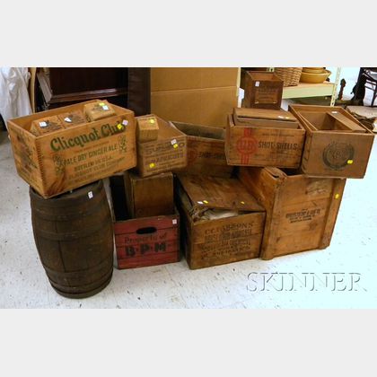 Eighteen Assorted Labeled Wooden Crates and a Barrel, with Sacks and Wrapping Cloth