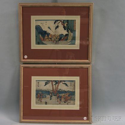 Utagawa or Ando Hiroshige (Japanese, 1797-1858) Two Woodblock Prints from the Tokaido Gojusan Tsugi/The Fifty-Three Stations of the Tok