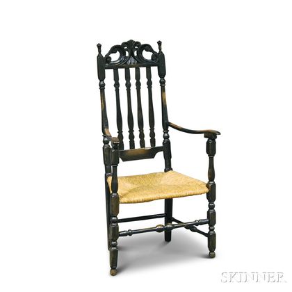 Black-painted and Carved Banister-back Armchair