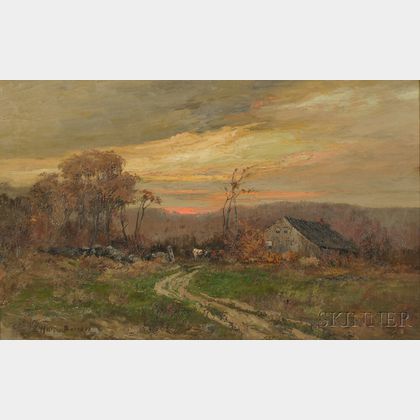 Elizabeth Hunt Barrett (American, 1863-1955) Sunset Landscape with Barn and Cows