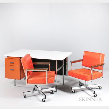 George Nelson EOG Desk and Two All.Steel Armchairs 
