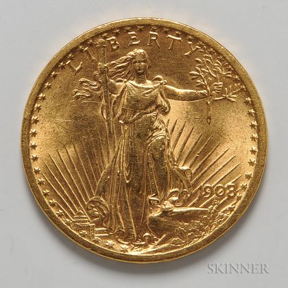 1908 $20 St. Gaudens Double Eagle Gold Coin. Estimate $1,000-1,200