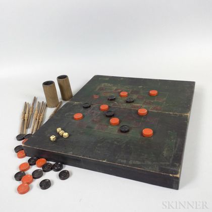 Painted Pine Hinged Game Board and Game Pieces