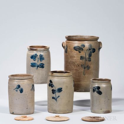 Five Cobalt Decorated Stoneware Jars and Three Lids