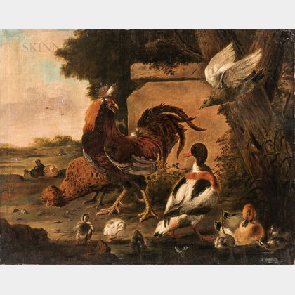 After Melchior de Hondecoeter (Dutch, 1636-1695) Roosters, Ducks, and Hawk in a Landscape