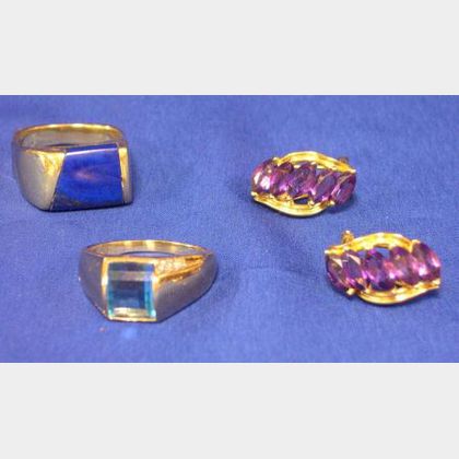Mans 14kt Gold and Lapis Ring, 14kt Gold and Faceted Blue Stone Ring, and a Pair of Gold and Amethyst Earrings. 
